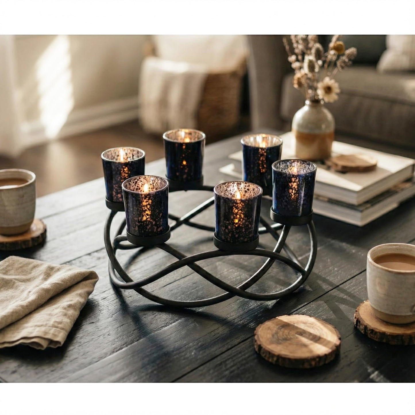 Seraphic Halloween Candle Holder Centerpiece Decoration – Black Metal Iron 6-Cup Votive Tealight Holder for Spooky Table Gothic Decor, Kitchen & Dining Room, Coffee Tables