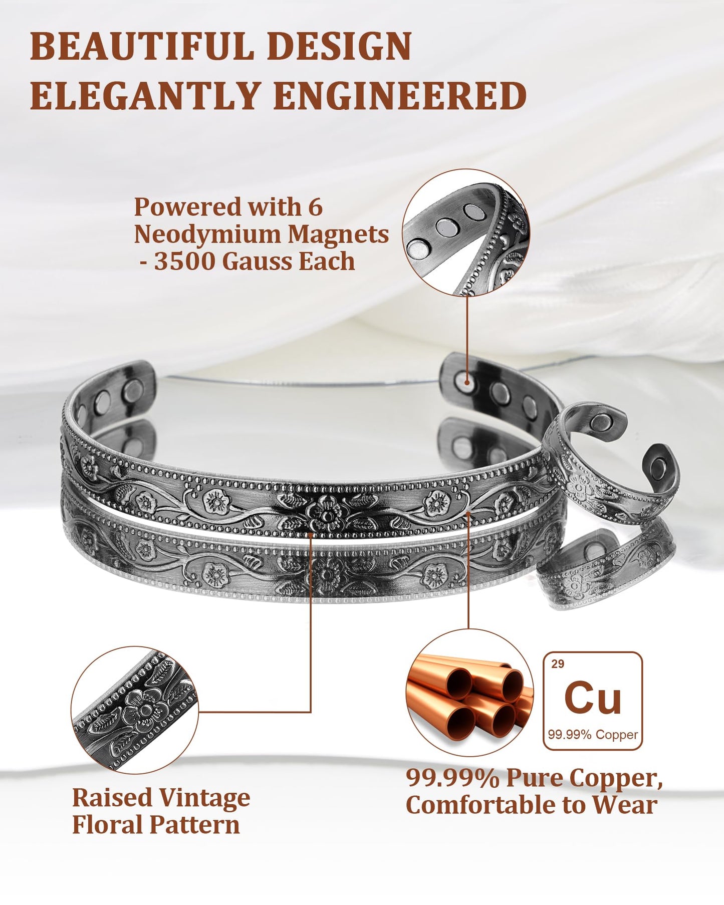 BioMag Copper Bracelet & Ring for Women, 99.99% Pure Copper Magnetic Bracelet Lymphatic Drainage Rings with 3500 Gauss Magnets, Adjustable & Flower Pattern (Antique Silver-A)