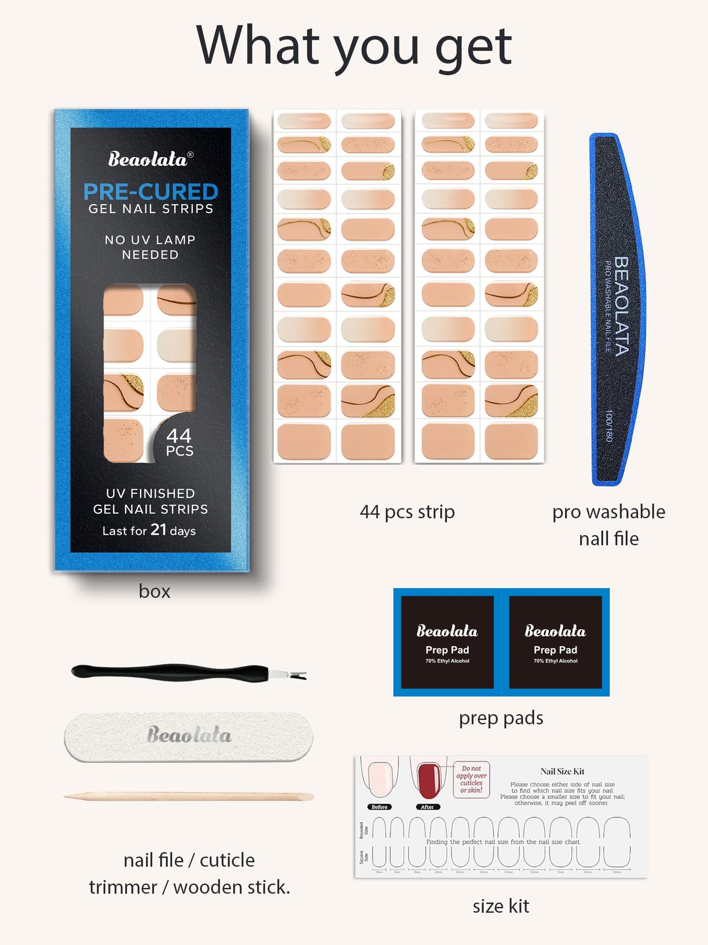 Beaolata Real Gel Nail Strips (No UV Light Needed) - 44Pcs Salon Quality Nail Stickers - Long Lasting Polish Wraps for Women, Easy Apply & Remove (Pastel Twilight Nude)