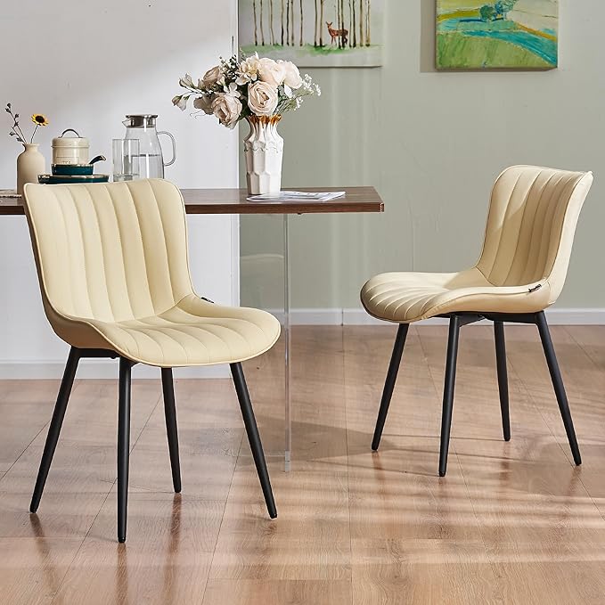 YOUNUOKE Mid-Century Modern Dining Chairs Set of 2, Beige PU Leather Upholstered Kitchen Chairs with Black Metal Legs, Armless Accent Chair for Dining Room, Guest Reception Room