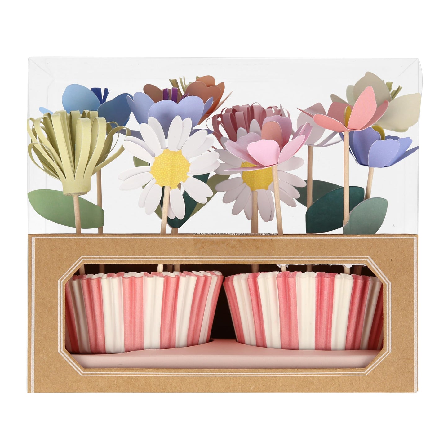 Meri Meri Flower Garden Cupcake Kit (Pack of 12), Flower Cupcake Decorations, 12 Cupcake Toppers & 12 Pink and White Striped Cupcake Liners