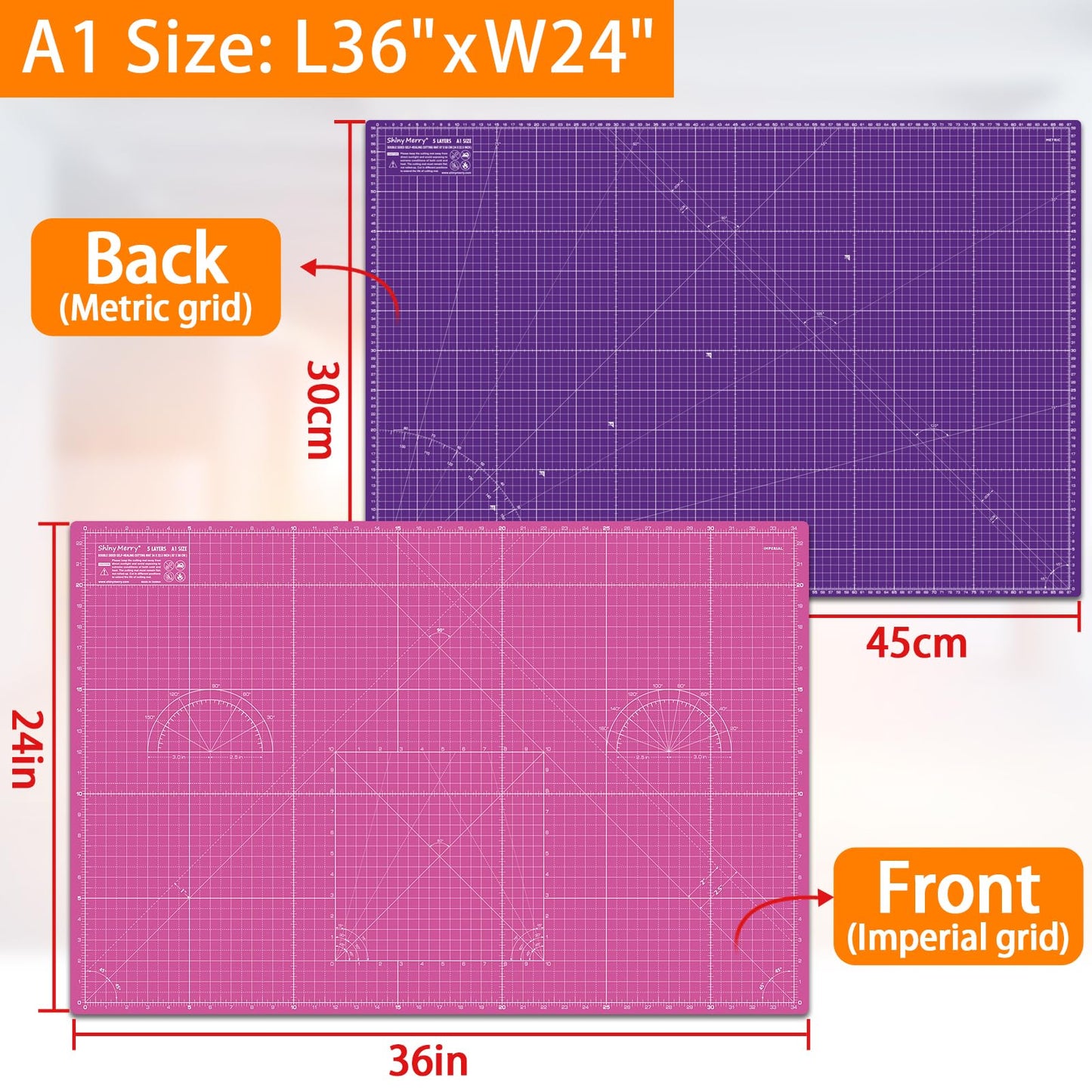 Shiny Merry Self Healing Cutting Mat A1 24"x36" Double Sided 5-Ply Craft Mat for Sewing, Quilting, Fabric, Scrapbooking Pink/Purple