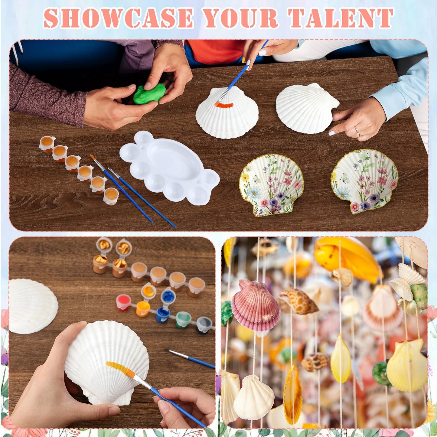 Gilprop 12 Pcs Large Scallop Shells for Shells Crafts 4''-5''with 24 Pcs Spring Wildflowers Decoupage Paper Napkin Acrylic Paint Strips Brushes Gold Bead for DIY Ornament Jewelry Tray