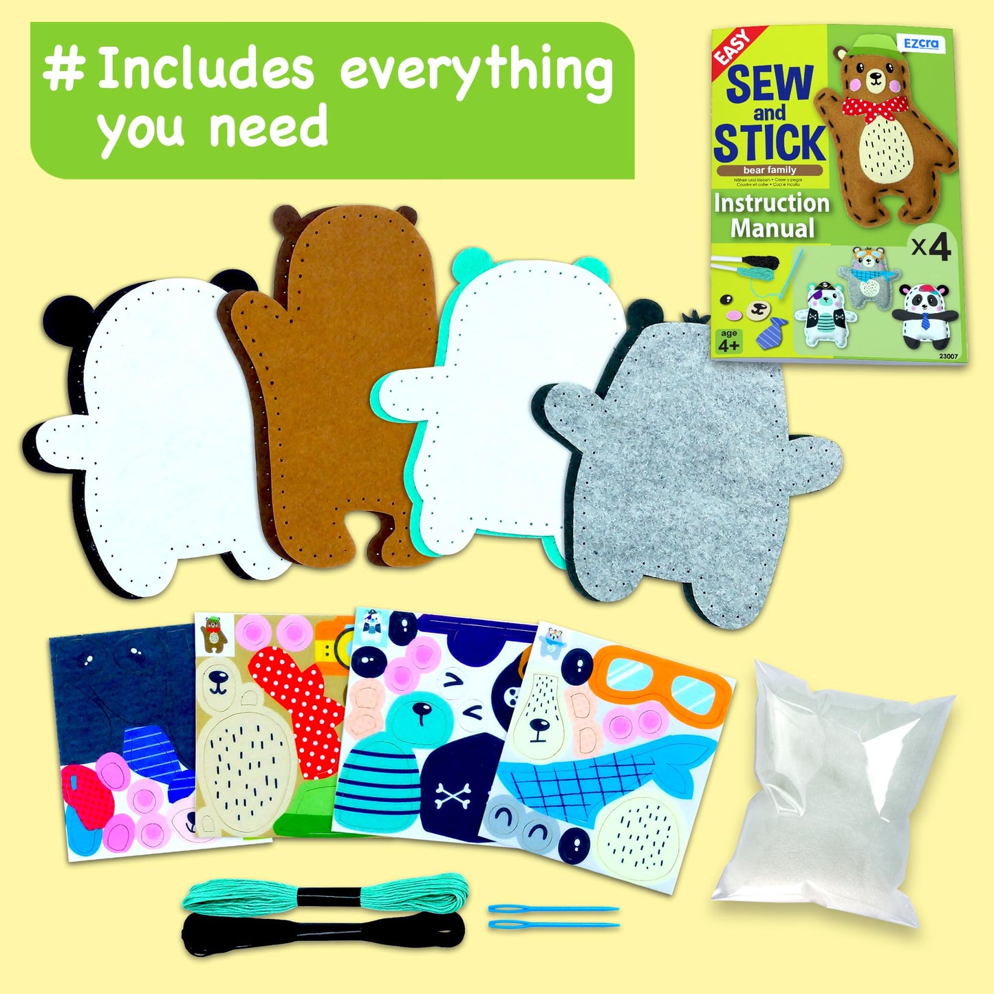 EZCRA Bear & Animal Sewing Kit for Kids Ages 4-8, No-Mess Felt Craft Projects, 4 Easy Beginner Learn-to-Sew Arts & Crafts for Boys and Girls