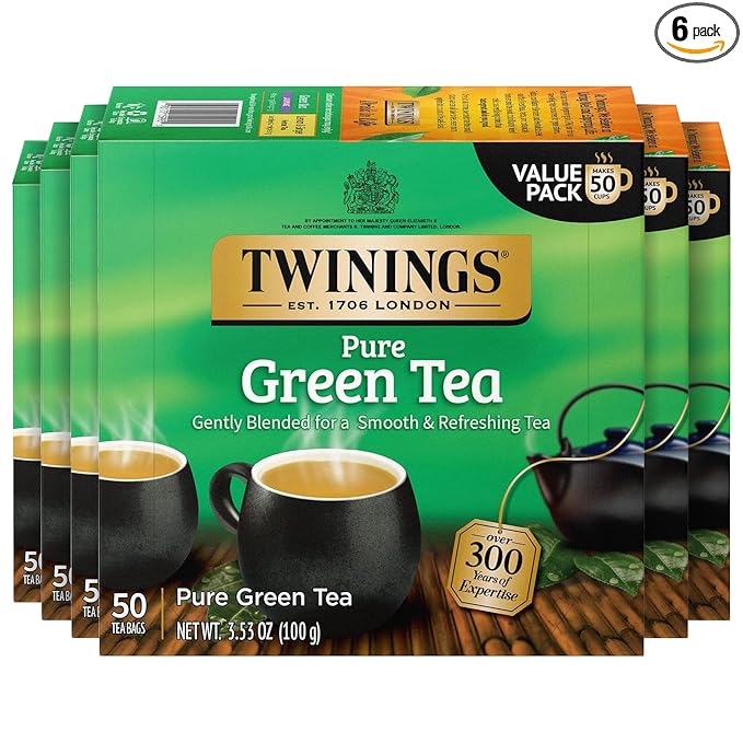 Twinings Pure Green Tea Individually Wrapped Bags, 50 Count (Pack of 6), Smooth Flavour, Enticing Aroma, Caffeinated, Enjoy Hot or Iced, 300 Teabags