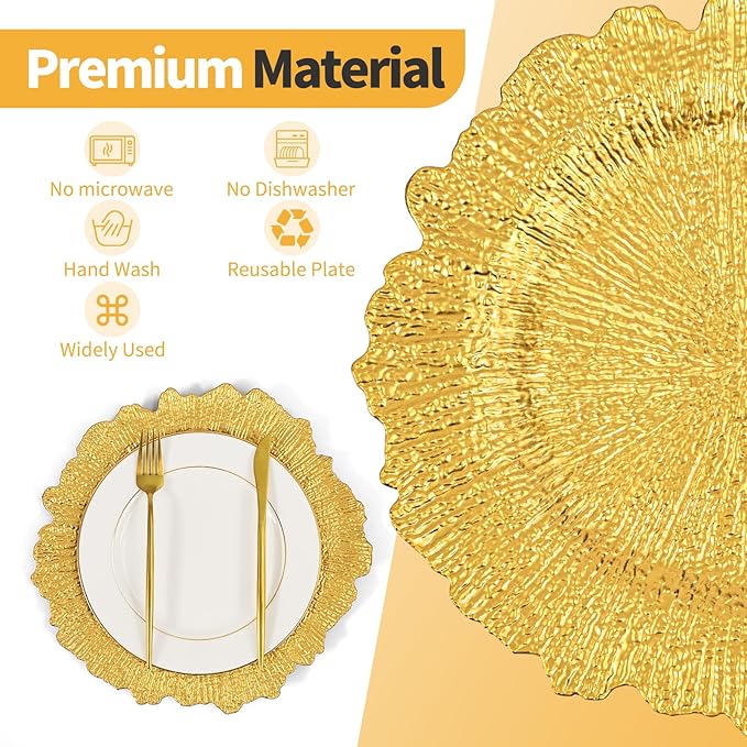 Teruntrue 24 Pcs Gold Charger Plates Bulk 13 Inch Plastic Charger Plates for Dinner Plate, Gold Chargers for Table Setting, Reef Design Plate Floral Decorative Round Chargers for Wedding Party, Event