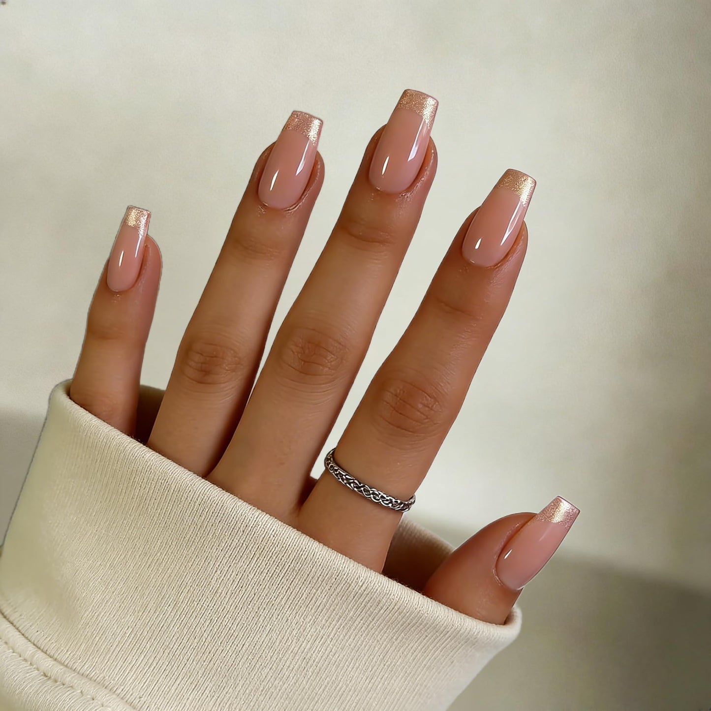 SXVME Press On Nails Long Square - Chrome Gold French Tip Press on Nails with Glue for Women, Natural Pink Fake Nails Press ons, Glazed Shiny Glue on Nails Coffin, Reusable Nail Stick Ons, 30 Pcs