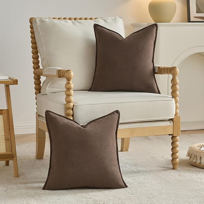FUTEI Dark Coffee Chenille Throw Pillow Covers 18x18 Inch Set of 2,Edges Double-Stitched Cushion Cases,Modern Home Decor for Couch Living Room