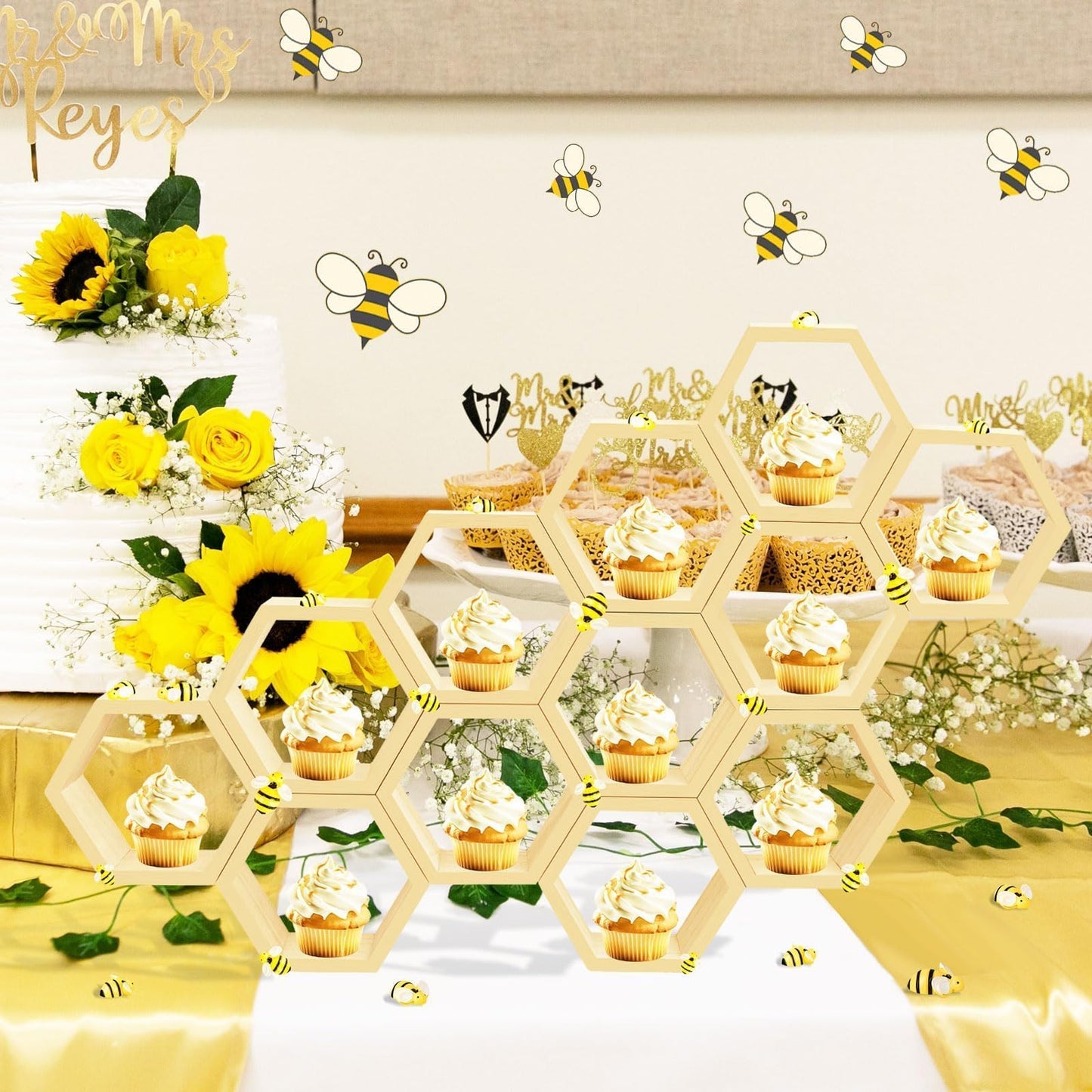 8 Pcs 4.13 Inch Honeycomb Cupcake Stand Cake Farmhouse Hexagon Display Holder Hexagonal Wood Cupcake Stand Floating Table Sign with Wooden Bee for Wedding Baby Shower Birthday Party Table Decorations