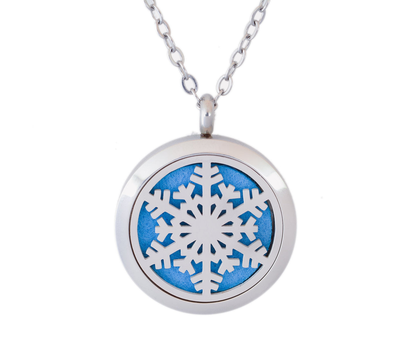 Aromatherapy Essential Oil Diffuser Stainless Steel 30MM Silver Magnetic Locket Pendant with Chain Necklace and Colored Refill Pads & Diffuser Bracelet All in a Velvet Bag (Snowflake3)