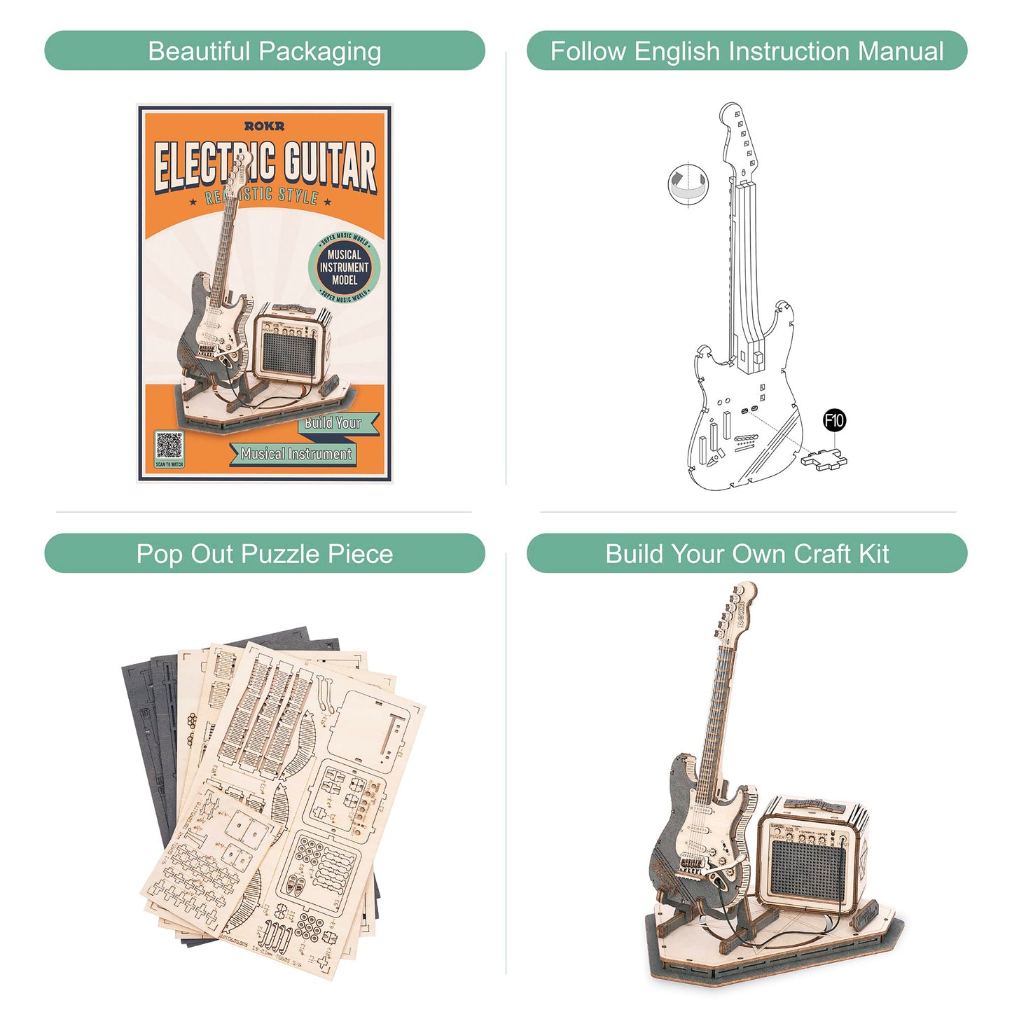 ROKR Wooden 3D Puzzles for Adults Guitar, Musical Instrument Model Kit 3D Puzzles to Build, Desk Decor/DIY Hobbies/Gifts (Electric Guitar)