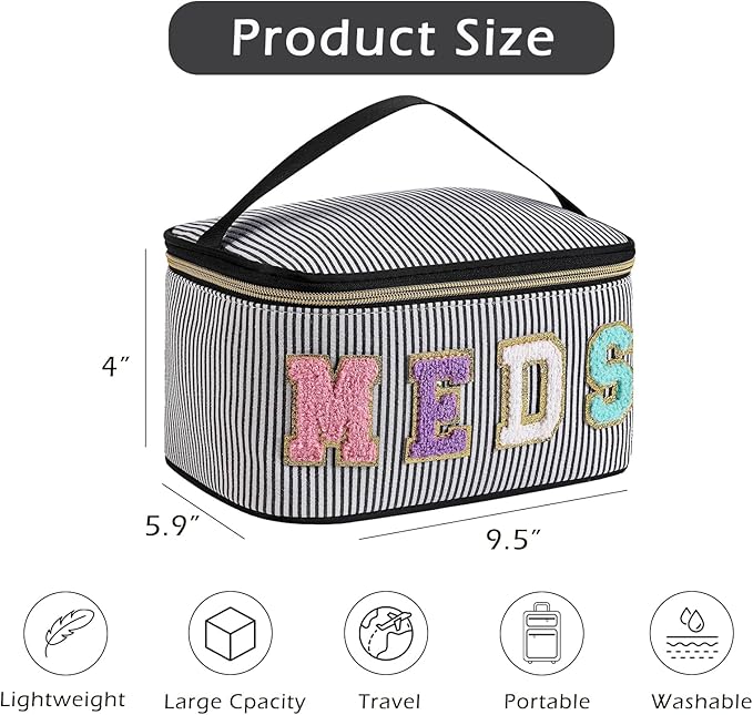 uekeboag Personalized Chenille Letter Seersucker MEDS Makeup Bag,Large Size Medicine RX Cosmetic Bag with Top Handle, First Aid Travel Organizer Bag for Women Girls(04Black)