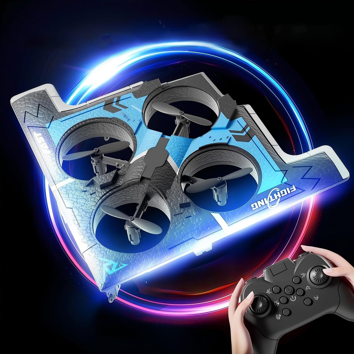 Foam Bomber-Style Drone - RC Airplane with Cool Blue LED Lights, Easy-to-Fly Remote Control Aircraft for Beginners, 2 Batteries (15 Mins Flight), Altitude Hold & 360° Flips, Indoor/Outdoor Hobby Gift