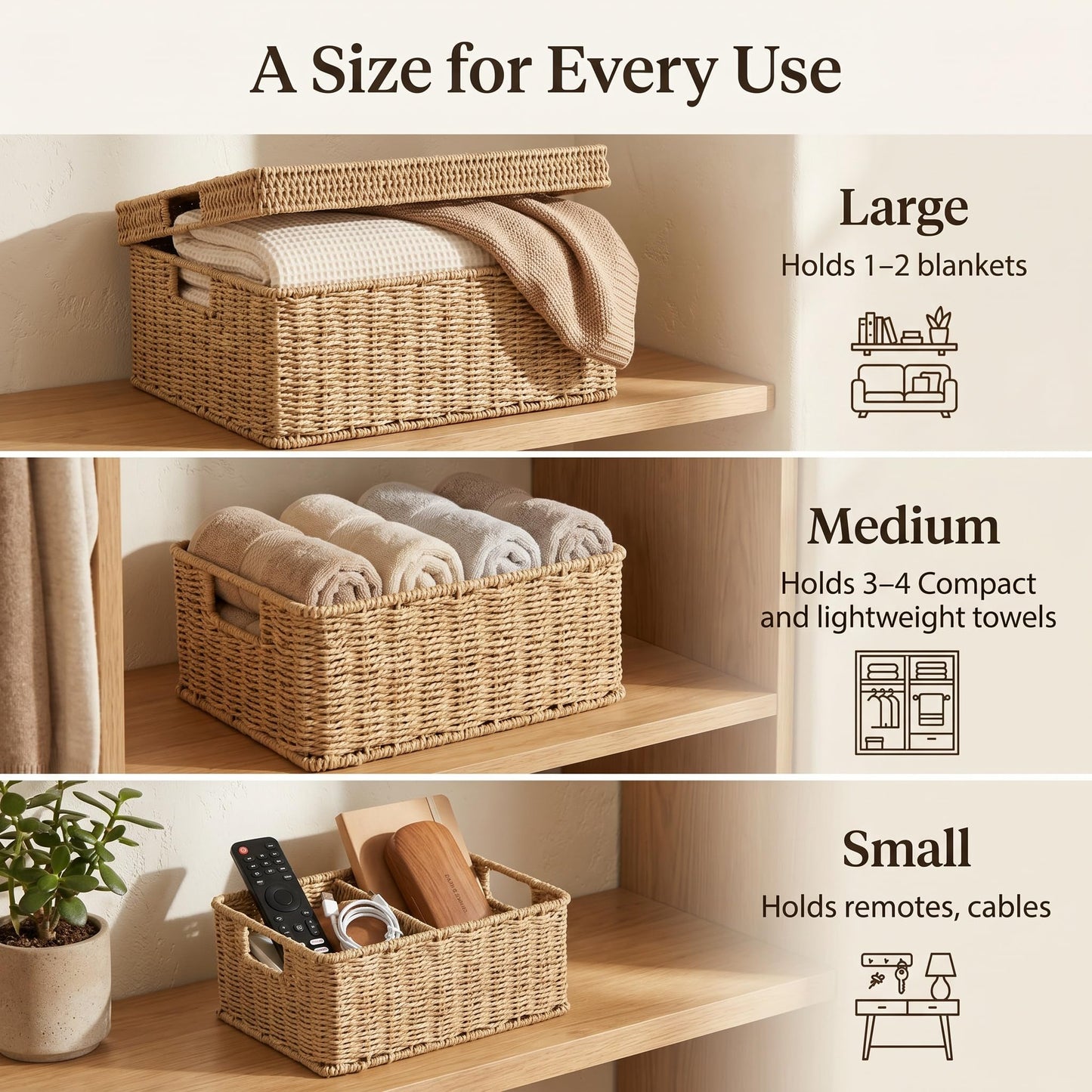 GANLUX Wicker Storage Basket with Lid - Woven Basket for Storage,Rectangular Decorative Boxes Bins with Lids for Shelves,living room, Nursery, 3 baskets+1 lids(Natural)