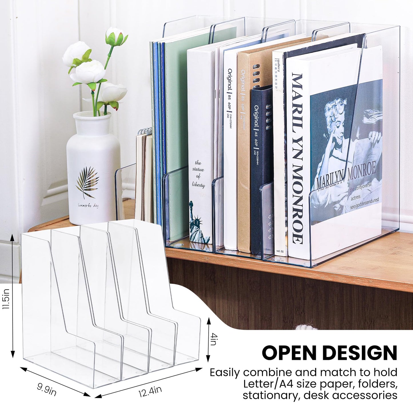 Vertical Magazine File Holder, Clear File Organizer Desk Organizer and Storage Bins Holding for Magazines, Binders, Notebooks, Envelopes, Plastic Office Organization and Storage for Desk, 4 pack