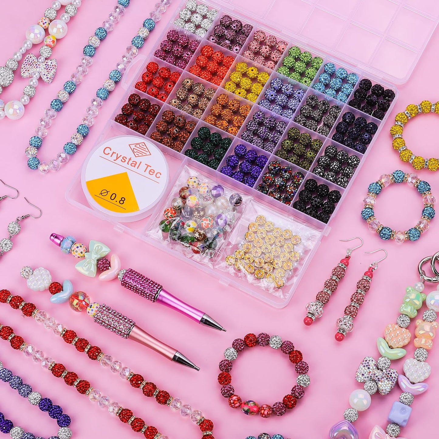 AIPRIDY Jewelry Making Beads Set, 590 PCS 10mm Round Mixed Color Rhinestone Clay Beads with Pearl and Floral Beads for DIY Bracelets, Necklaces(Fixed Mixed)