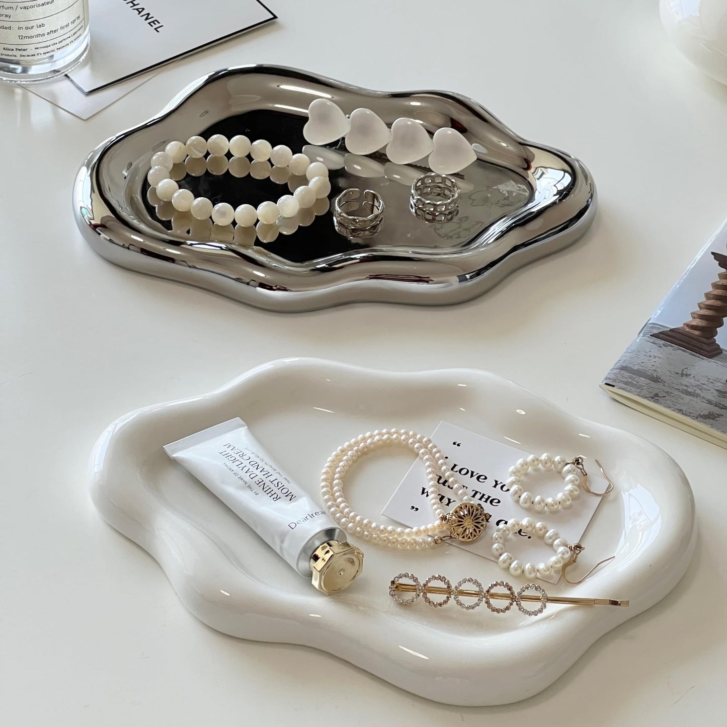 CESTATIVO Jewelry Dish - Trinket & Ring Tray, Ceramic, Aesthetic Vanity Decor - Mother's Day, Christmas, Birthday Gift for Women (White)
