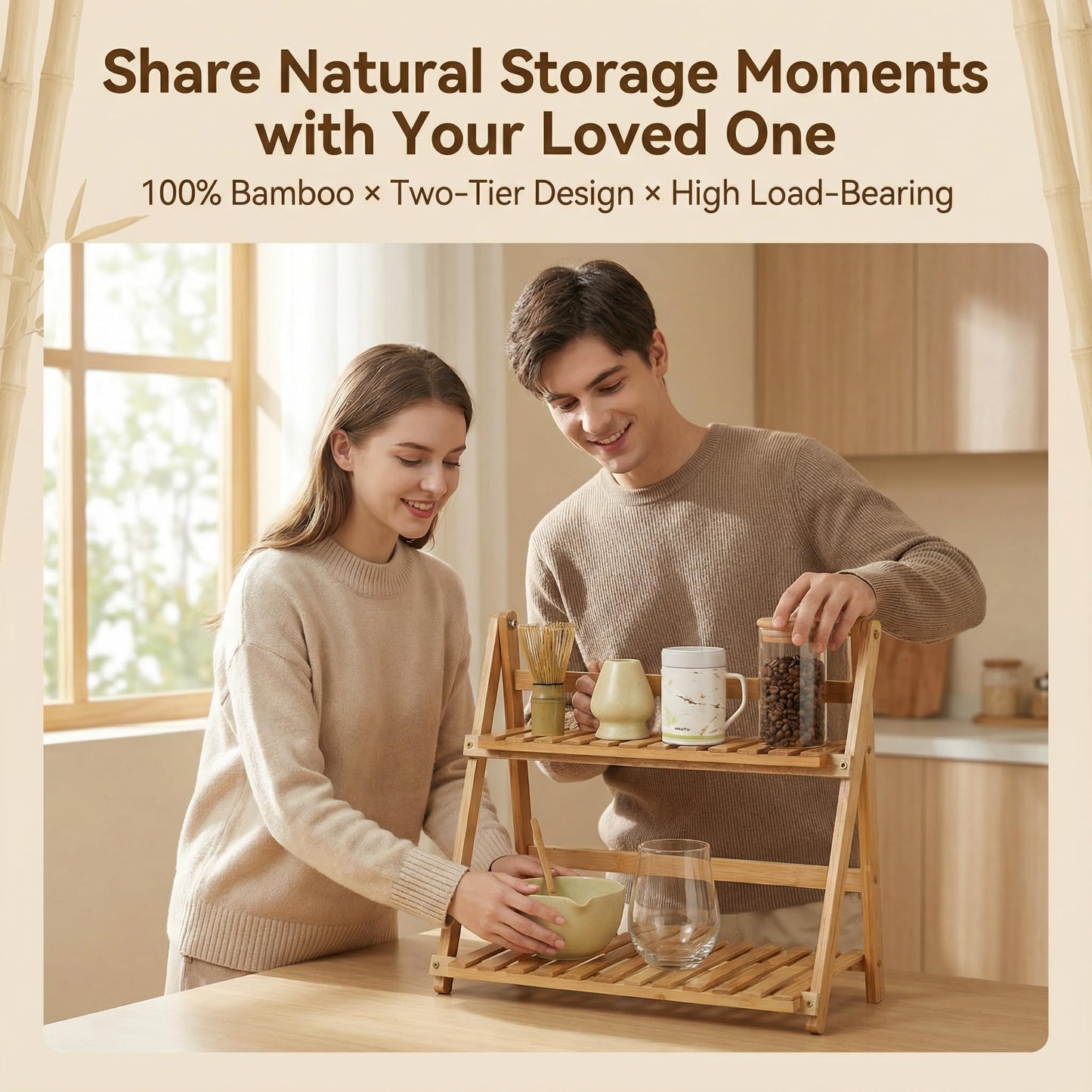NUOLUTH Matcha Station Organizer Shelf：Bamboo organizer for coffee bar,Matcha Whisk,Small plants,bathroom,11.7" Foldable Countertop Display Rack for Kitchen,Window Sill&Living Room 2 Tier