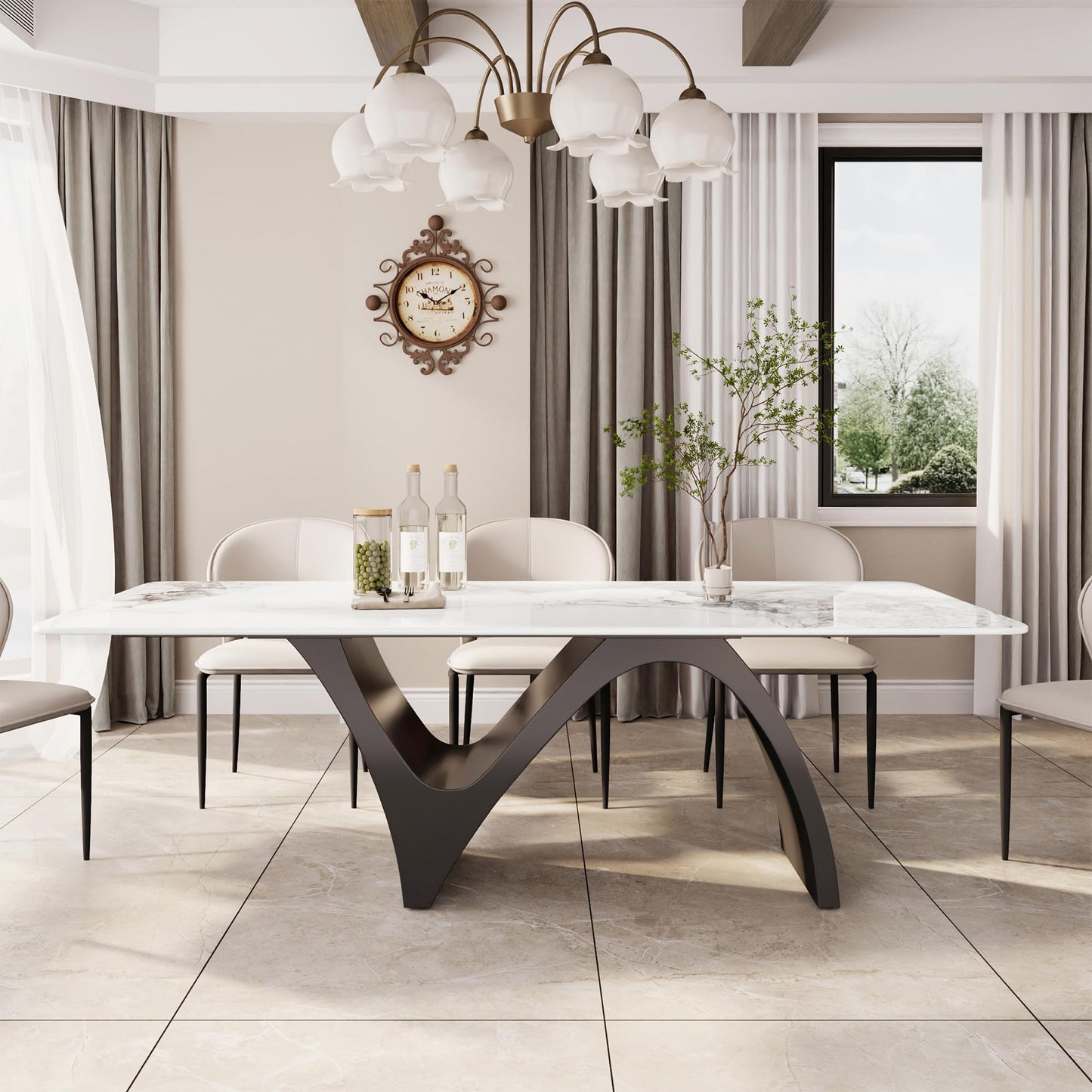 Modern Dining Table for 8-10, Sintered Stone Dining Tabletop with Unique N-Shaped Metal Base, 87" Rectangle Dining Table Large Dining Room Table Kitchen (Table Only)