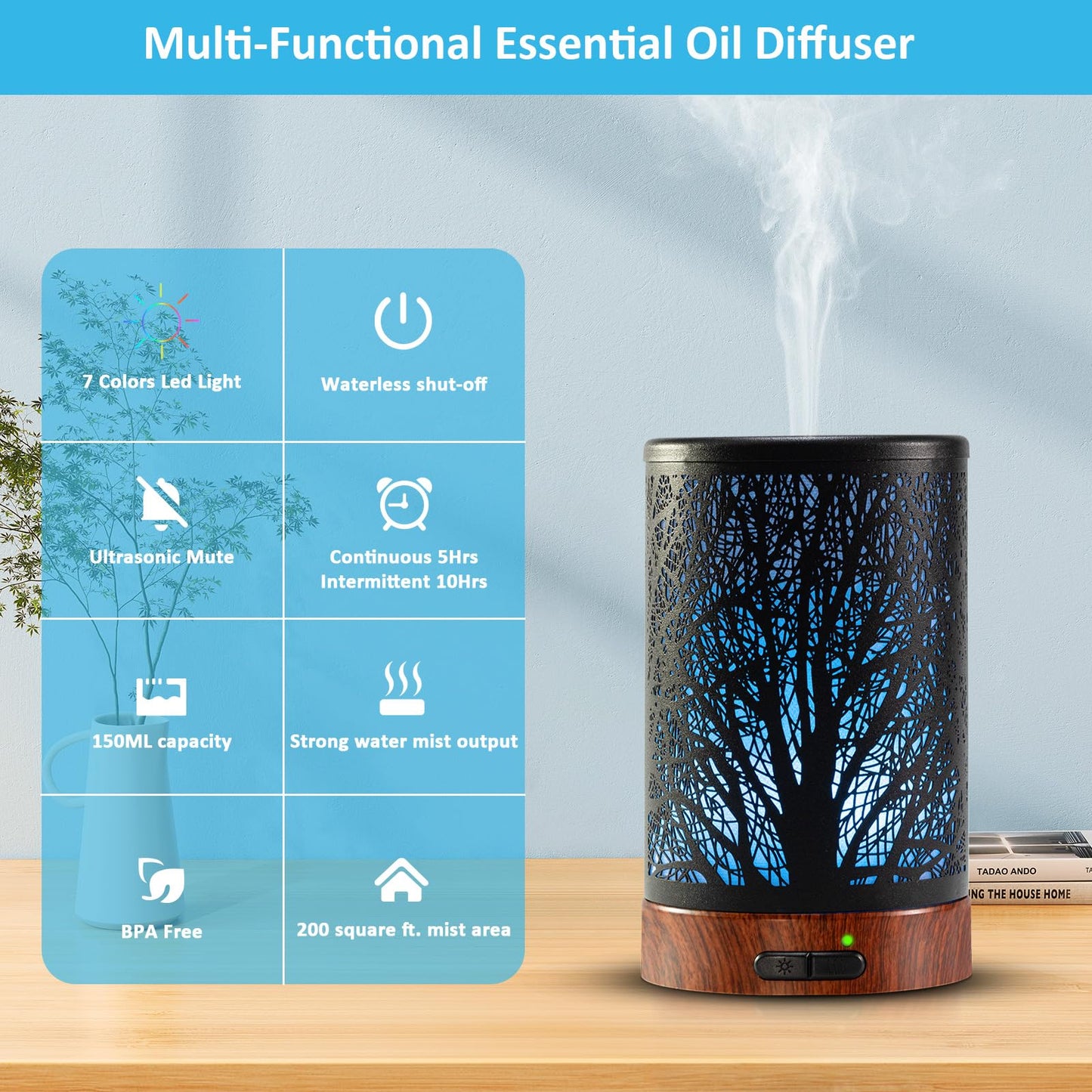 Oil Diffuser & Essential Oils Set - Oil Diffuser 150ml with 6 Essential Oils Set, Aromatherapy Cool Mist Oil Diffusers for Essential Oils, Auto Shut-Off，7 Colors Night Light,Gifts for Mom