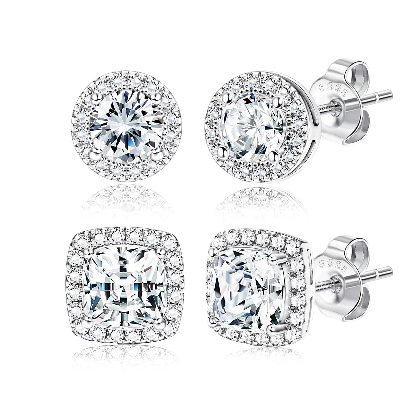 Hayoso Cubic Zirconia Stud Earrings for Women Men Sterling Silver Earring Post Hypoallergenic 14k Gold Plated Round&Square Earrings Silver1