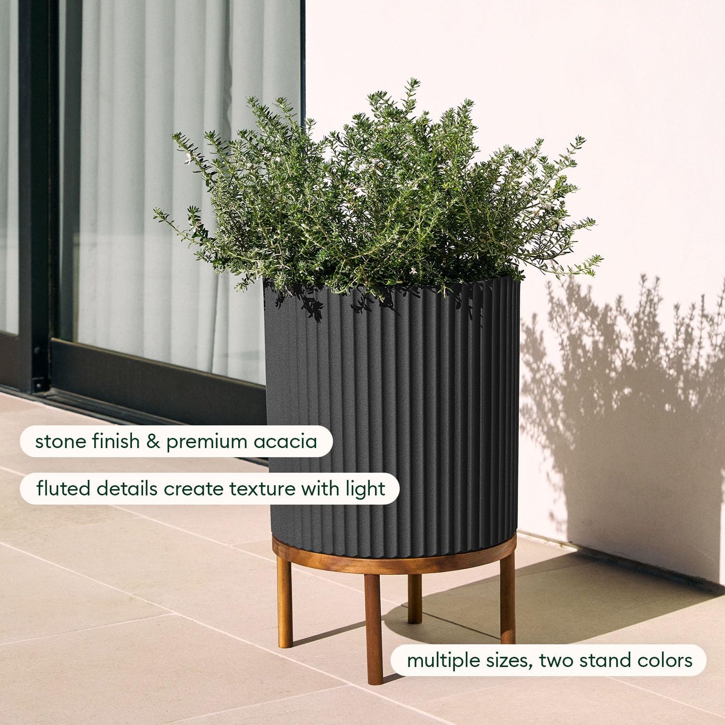 Veradek Demi Series Round Planter w/ Stand for Porch/Patio | Durable Plastic-Concrete & Wooden Stand | Modern Décor for Tall Plants, Flowers
