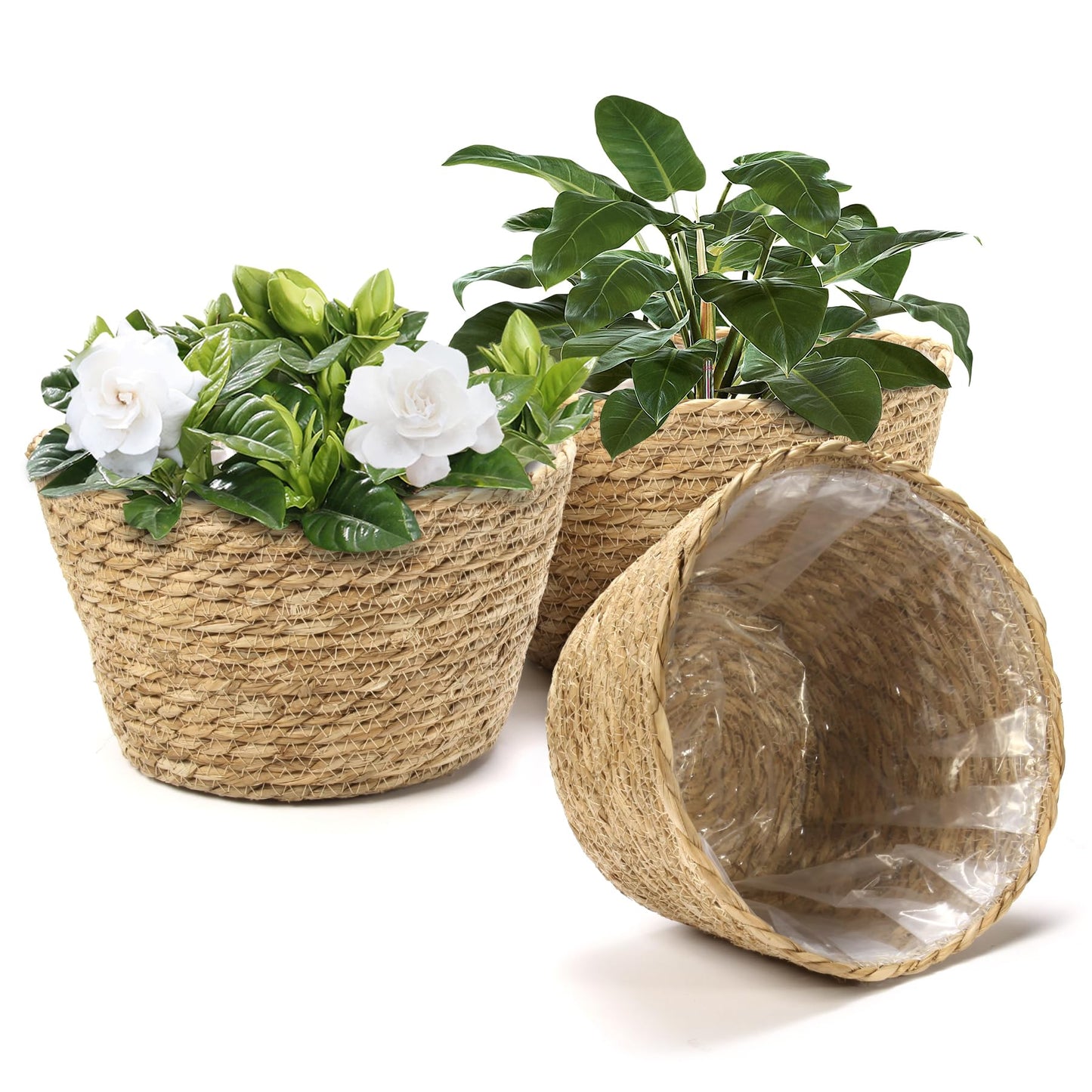 Athaliah Woven Plant Basket Set of 3 with Plastic Liner, Indoor Planter Baskets for Floor Plants, Water Hyacinth & Corn Husk Basket Planters, Decorative Rustic Boho Home Decor