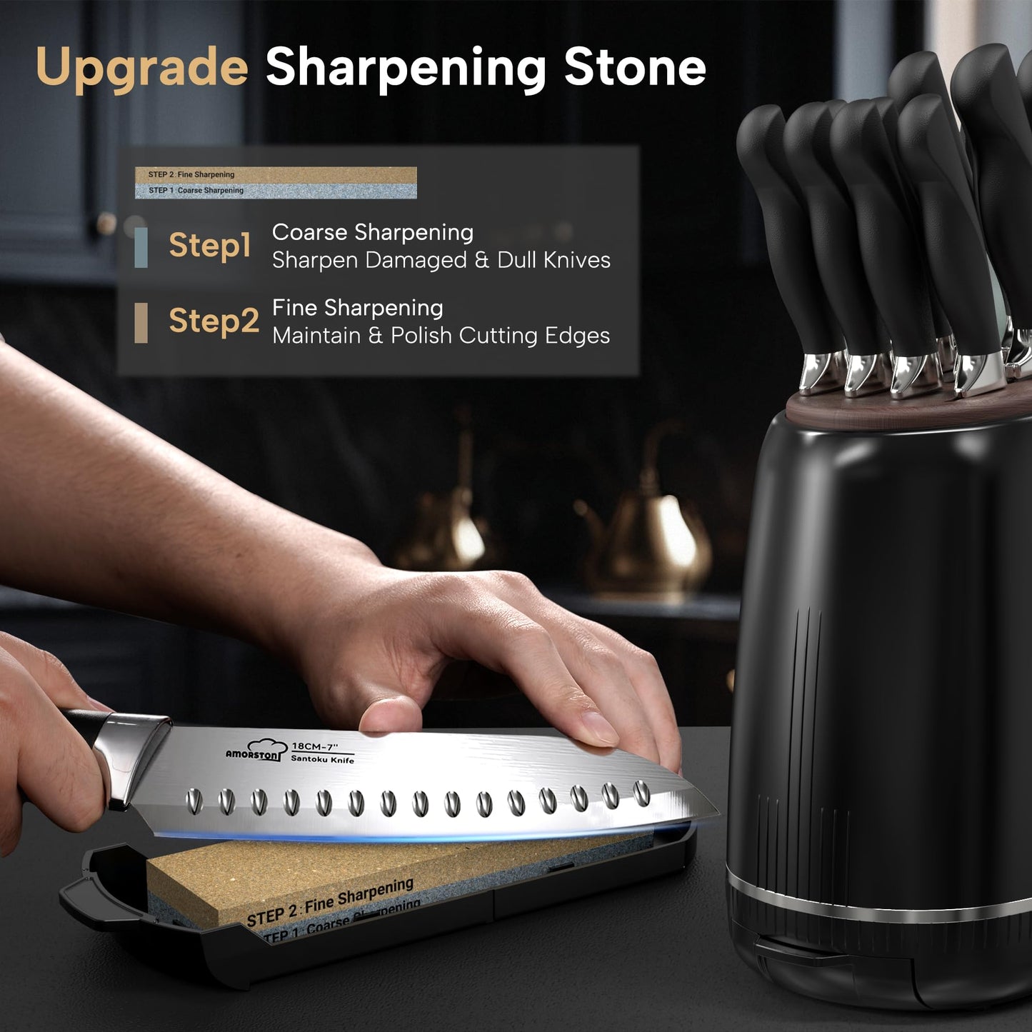Knife Set, Amorston 14-Piece Kitchen Knives Set with Block & Sharpening Stone, Stainless Steel Dishwasher Safe, Knife Block Set with Ergonomic Handle, Professional Kitchen Knives for Home Cooking