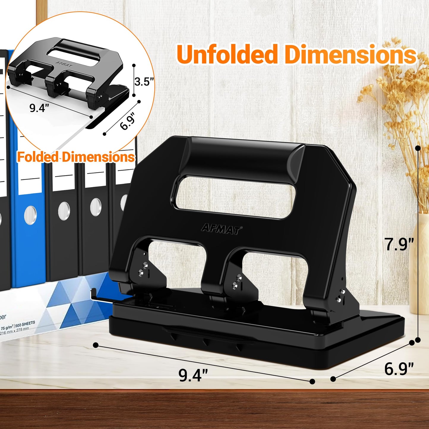 AFMAT HPX1 Heavy Duty 3 Hole Punch, 3 Hole Puncher for Binder, 40-Sheet Three Hole Punch w/ 10000+ Uses, Metal Hole Puncher 3 Ring, 50% Reduced Effort, Bulit-in S.S. Paper Guide (Black)