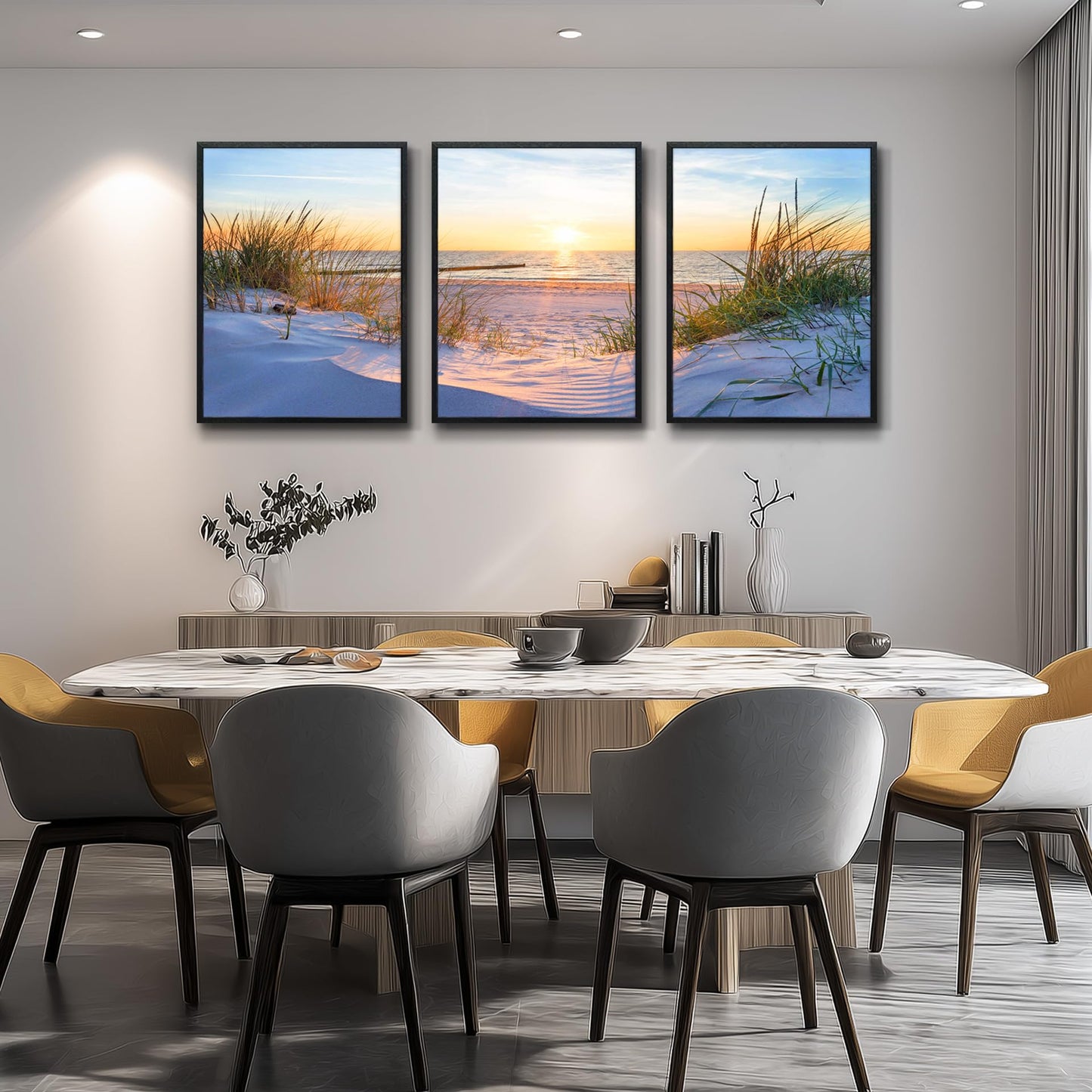 Black Framed Beach Wall Art Set - Blue Seascape Paintings for Living Room, Bedroom & Office - 12"X16" Each