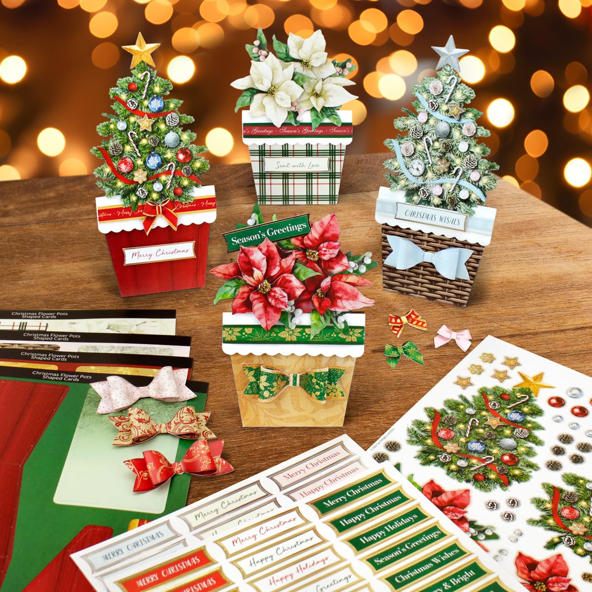 Katy Sue Christmas Flower Pots Card Making Kit. Contains 8 x 300 GSM Cards, Envelopes, 3D Die-Cut Decoupage, Paper Bows, Sticky Foam Pads & 2 Sheets of Christmas Sentiment Banners