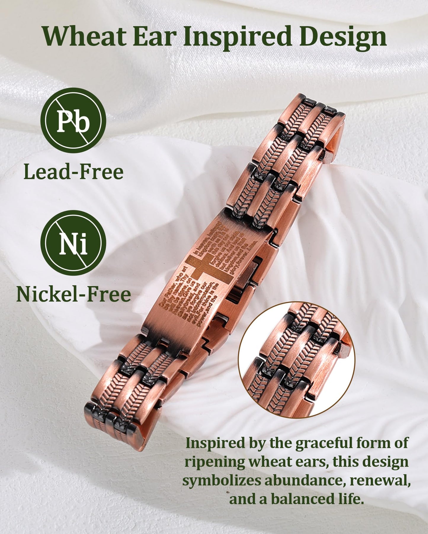 Fashtour Copper Cross Bracelet for Men, Ultra Strength Magnetic Jewelry, Rice-Ear Design Adjustable Copper Biblical Cross Bracelet with Sizing Tool & Box