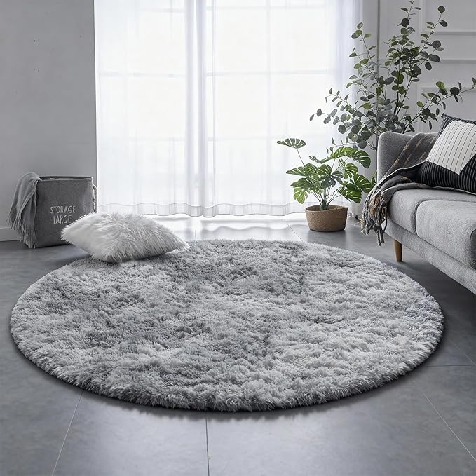 Amdrebio Tie-Dye Light Grey Round Circle Area Rugs 5Ft for Living Room Bedroom, Soft Fluffy Fuzzy Shag Rug for Kids Room Home Office, Furry Plush Indoor Floor Shaggy Gray Carpet for Baby Nursery Dorm