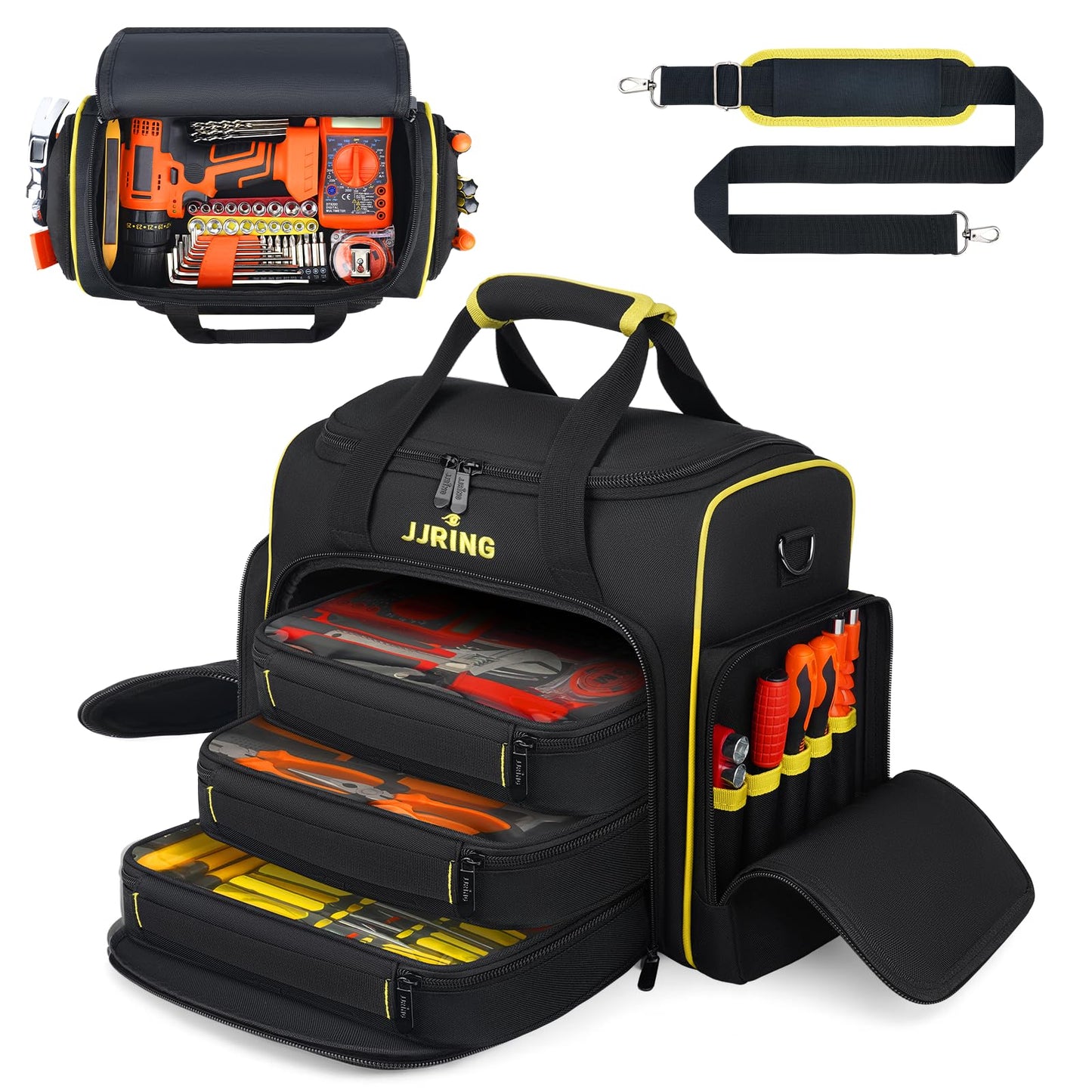 JJRING 2.0 Gen Tool Bag With 3 Removable Cases, Double Layers&Large Capacity Tool Tote, Multi-Pocket Organizer For Tools and Crafts, Durable And Water-Resistant(Yellow)