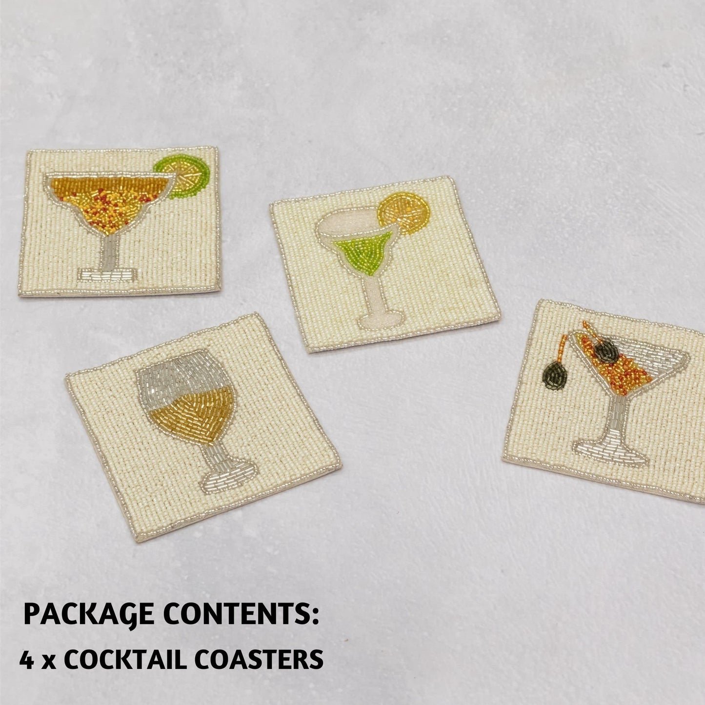 Folkulture Coasters Set of 4 (4")| Beaded Cocktail Handmade Square Drink Coasters for Coffee Table & Bar | Boho Home & Party Décor | Hand-Crafted Cute Coasters for Housewarming Gifts