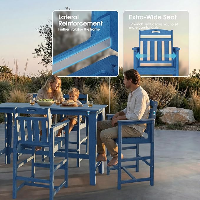Ciokea 3 Pcs Outdoor Bar Height Table Set, 60" Extra Long Rectangle High Top Table and 2 Oversized Adirondack Chairs, Heavy-Duty All-Weather HDPE Patio Bar Set for Backyard Balcony Deck, Navy Blue