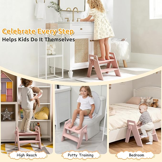 Wooden 2 Step Stool for Kids Bathroom Foldable 2-Step for Toilet Potty Training, Child Stepping Stool for Kitchen Nursery Bedroom Pink