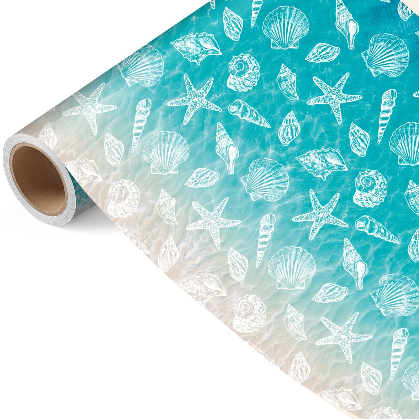 Beach Seashell Wrapping Paper Roll - 17Inch x 16.5Ft - Ocean Themed Gift Wrap Paper, Sea Shell Printed Gift Packing Supplies for Coastal Wedding Summer Beach Birthday Party Crafts Decorations