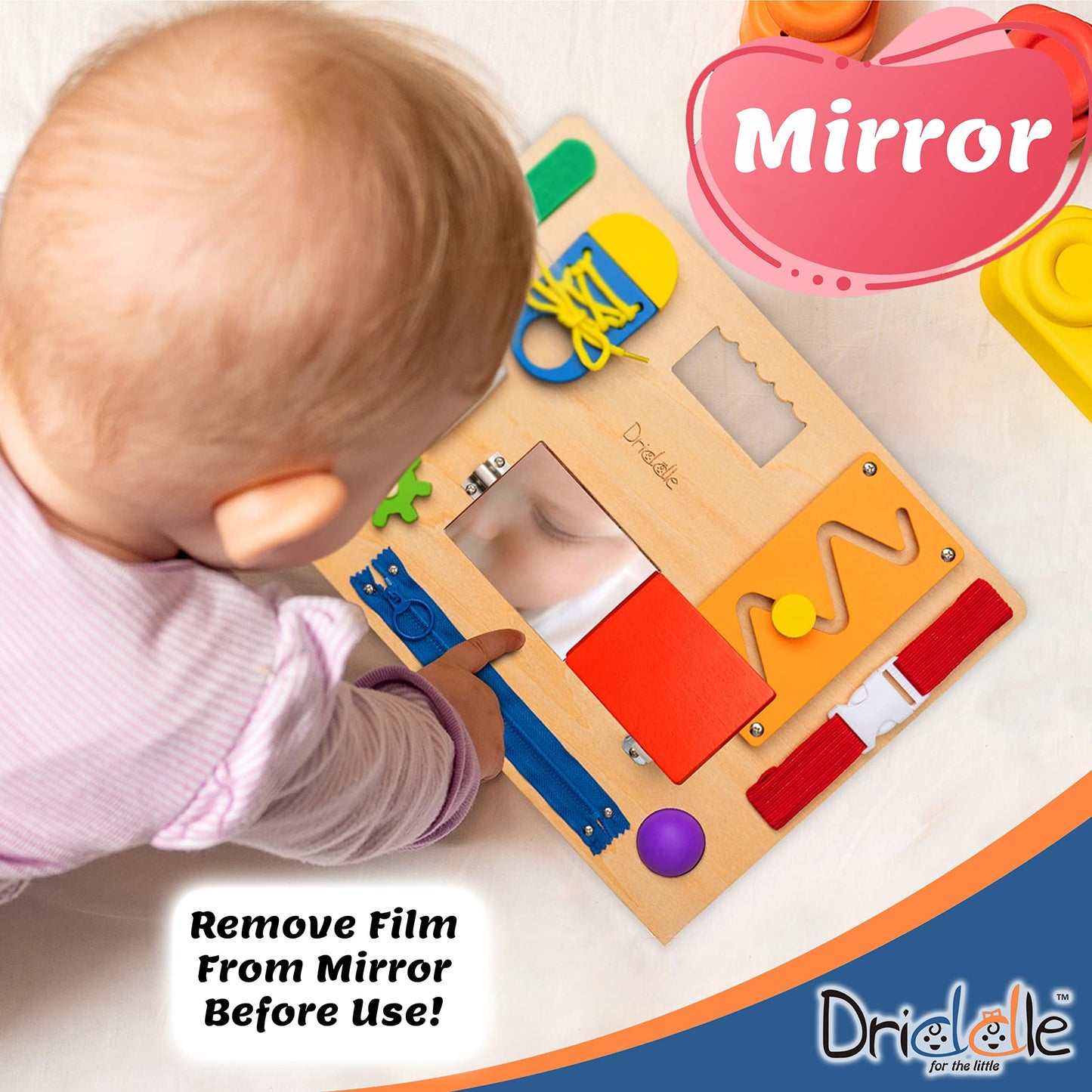 Driddle Busy Board - Wooden Montessori Activity Board for Toddlers & Kids - 12 Educational Sensory Toys to Learn Basic Life Skills & Develop Fine Motor Skills + Baby Mirror