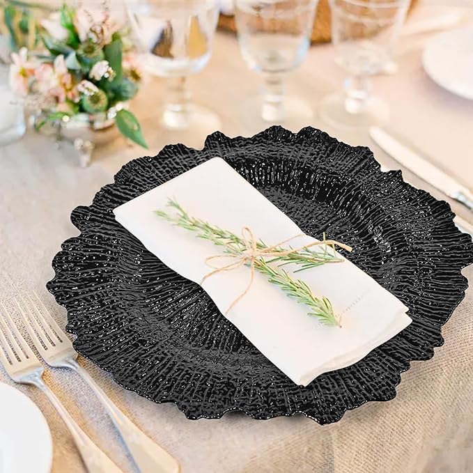 24 Pcs Black Charger Plates Bulk 13 Inch Plastic Charger Plates for Dinner Plate, Black Chargers for Table Setting, Reef Design Plate Floral Decorative Round Chargers for Wedding Party, Event