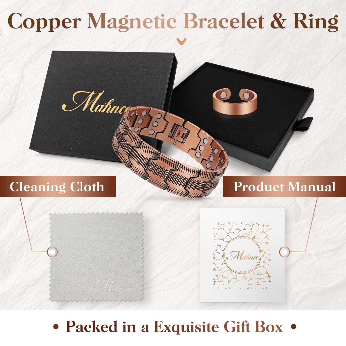 Mahnco Copper Bracelet for Men, 3X Ultra Strength 99.99% Pure Copper Magnetic Bracelets with Magnets,Magnetic Jewelry with Adjustable Sizing Tool