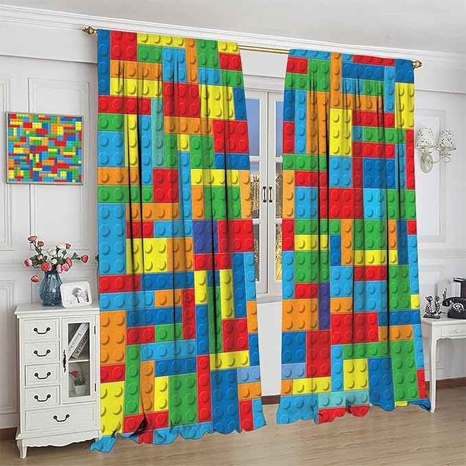 Colorful Building Block Toy Printed Curtains, Building Blocks, Curtains, Fun Brick 3D Design, Kids, Teens, Girls, Boys, Living Room, Bedroom, Window Treatment Panels, 2 Panels 42x63in