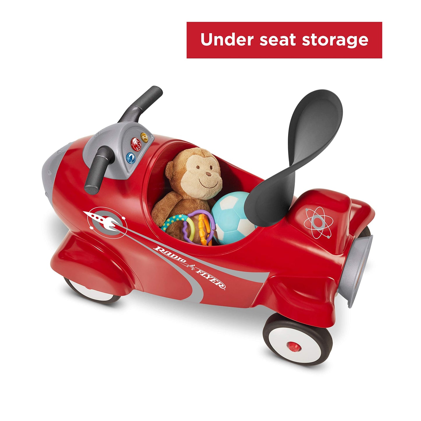 Radio Flyer Retro Rocket, for Toddlers 1-3, 3-in-1 Push Walker Ride On Rocket with Sensory Activities, Under-Seat Storage, Lights and Sounds, 42 lb Capacity, Toddler Ride On Toys