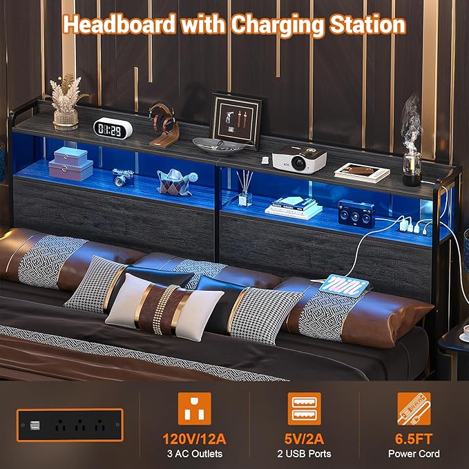 Aheaplus Headboard for King Size Bed Frame, Headboards with Outlets, USB Ports and LED Light, Head Board with Storage, Height Adjustable, Sturdy and Stable Headboard, King Size, Black Oak