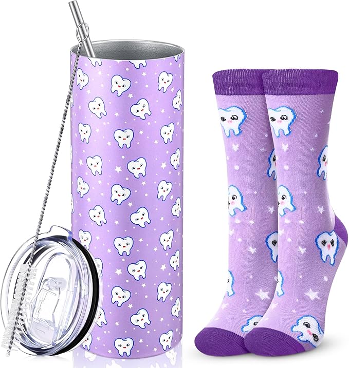 Umigy 2 Pcs Dental Assistant Gifts 2025 Dental Hygienist Appreciation Gifts 20 oz Teeth Print Tumbler with Lid and Sock for Women for Nurse Week Appreciation Dentist Christmas Birthday(Purple)