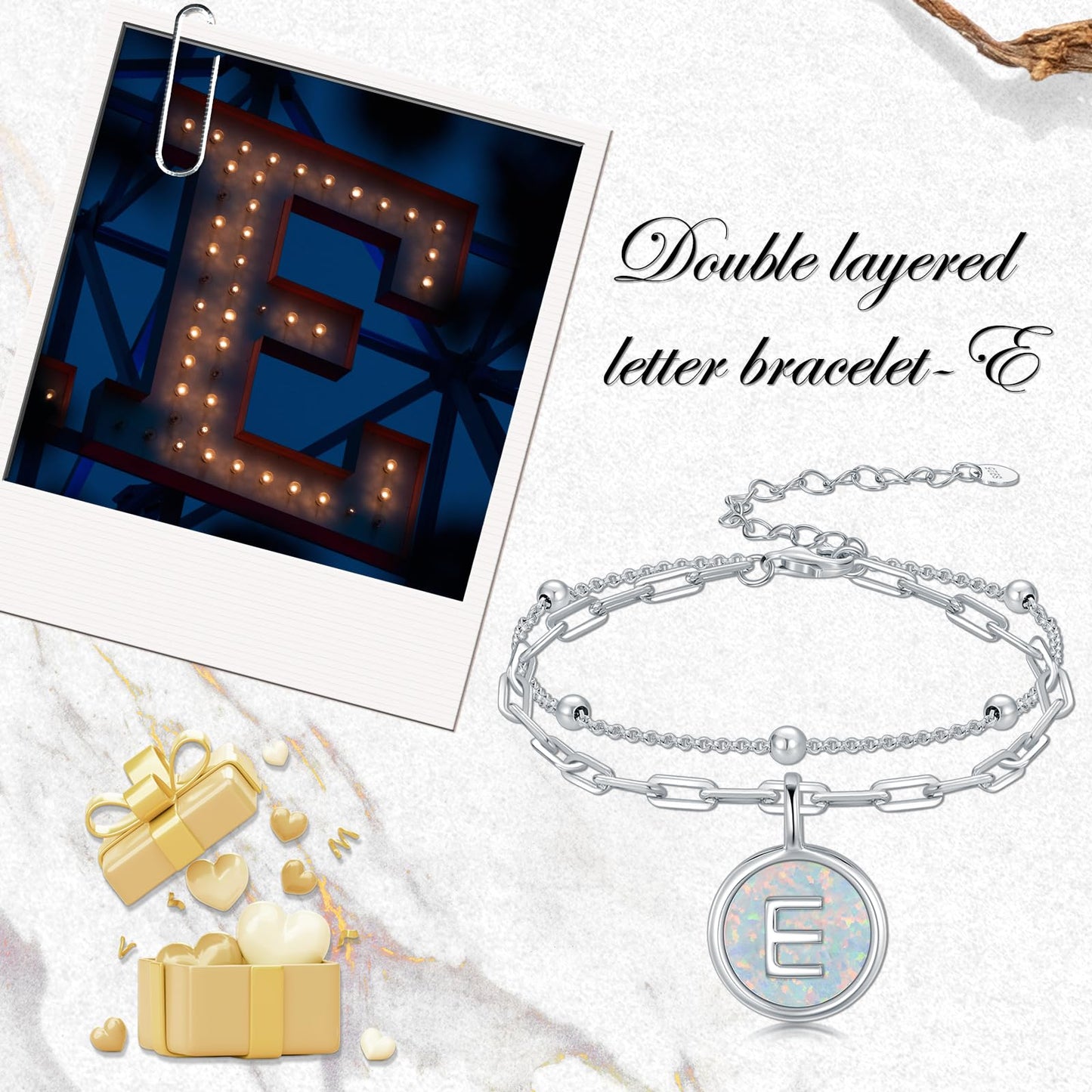 LWQQWL Initial E Bracelet for Women 925 Sterling Silver Layered Initial Bracelet Opal Letter 26 Alphabet Jewelry Christmas Gifts