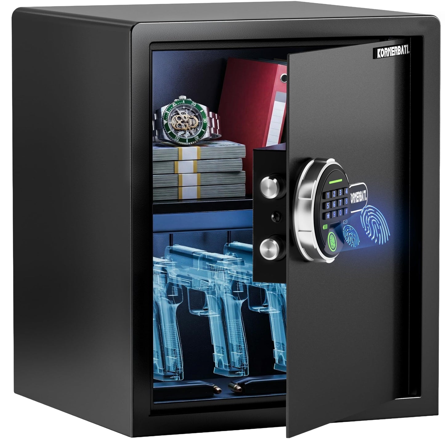 KornerBatl Smart Fingerprint Gun Safe with Biometric Lock, Quick Access Multiple Handgun Storage Rack Valentines Day Gifts for Men Women (12.99"D x 13.78"W x 16.54"H)