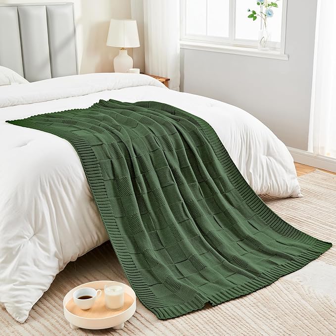 CozeCube Check Knit Throw Blanket, Christmas Green Checkered Bedroom Blanket for Couch, Soft Cozy Warm Knitted Blanket for Bed Sofa Living Room, Decorative Spring Fall Throw Blanket, 50"X60"