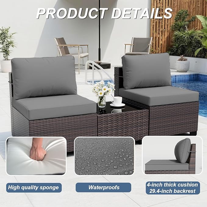 ALAULM Patio Furniture Set with Coffee Table, 9 Pieces Outdoor Sectional with Wide Seat and Thick Cushion, All Weather Wicker Rattan Conversation Set for Backyard, Garden, Deck, Grey