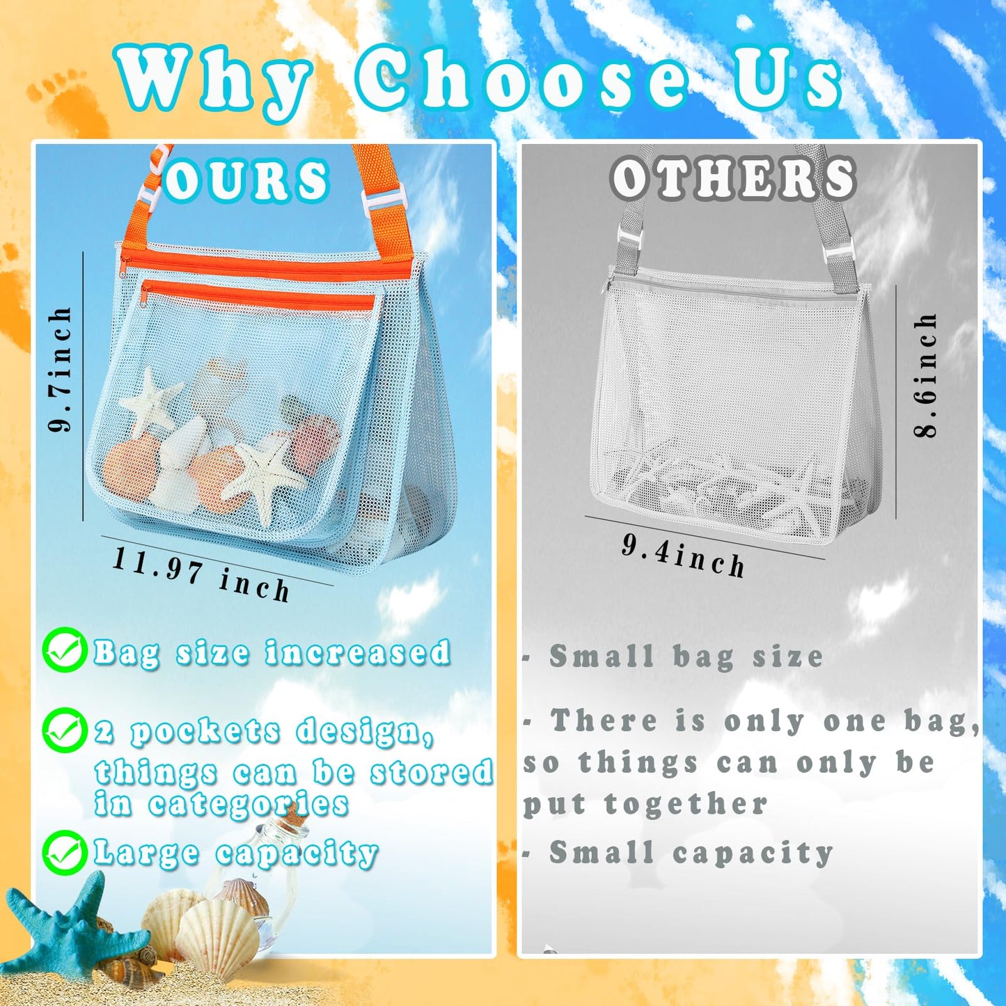 LIDAGO 5 Pcs Sand Toys Beach Set Include 1 Metal Shovel,1 Metal Rake,1 Foldable Beach Bucket & 1 Sand Sifter with 1 Mesh Beach Bag for Shells Collecting